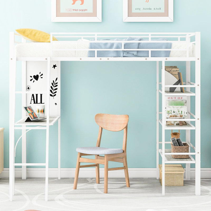 Lit mezzanine simple en métal blanc avec tablettes à 3 couches et bureau - Maximisez l'espace de votre chambre à coucher avec 3 couches de design moderne