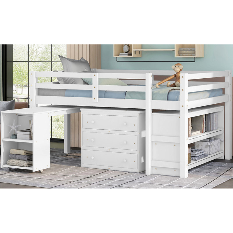 Lit mezzanine double blanc avec fonctions multiples, bureau à roulettes et armoire de bureau multifonctionnelle à trois niveaux avec rangement blanc, fabrication en bois de pin, nombreuses options