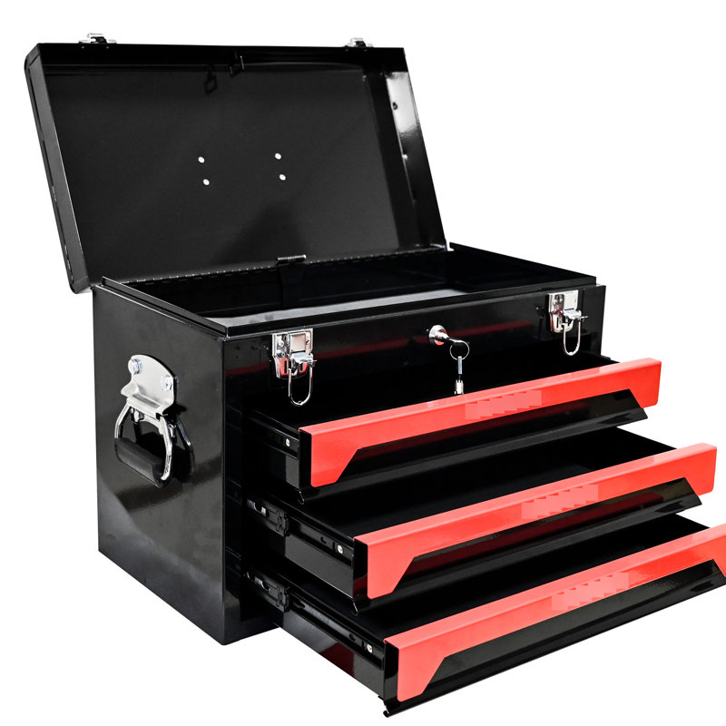 20" Portable 3 Drawer Metal Tool Chest, Black&Red, Bearing Slide, Latch, Practical Storage Option Steel Box, Portable, Robust Solution