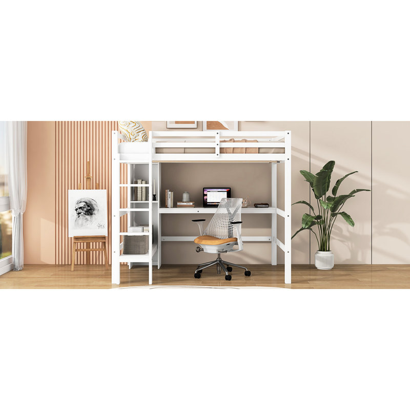 Lit mezzanine double, blanc, avec bureau et tablettes sous le lit, sans sommier, idéal pour les petits espaces