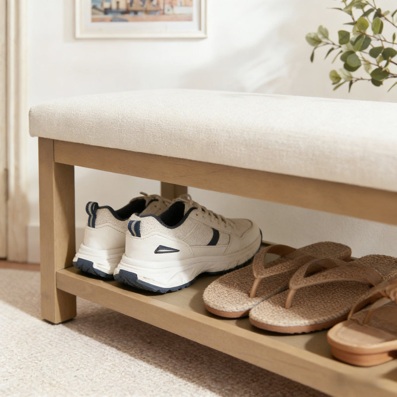 Banc de rangement avec coussin Mid-Century, Light Yellow Wood/White