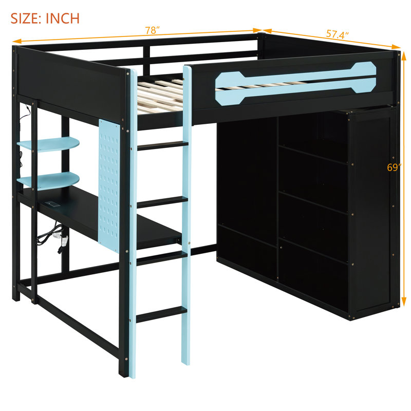 Full Size Wood Loft Bed with Desk, Open Wardrobe & RGB Lighting, Multi-Functional Bed for Kids and Teens, Blue, Blue