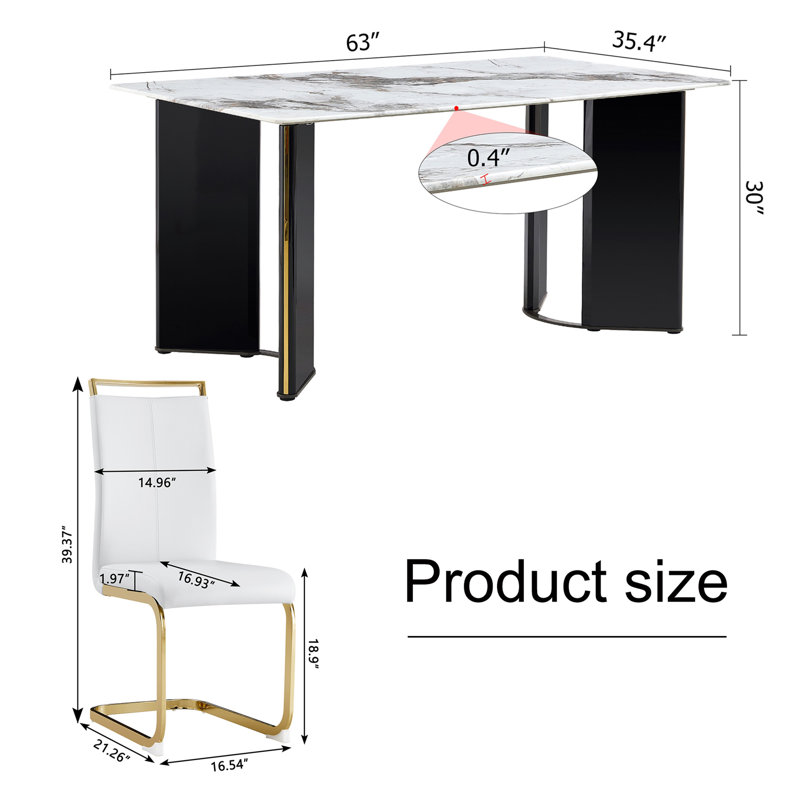 Ensemble de table et de chaises. 1 table et 4 coussins de dossier en polyuréthane blanc avec des pieds en métal doré