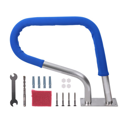 Heavy-Duty Pool Handrail for Inground Swimming Pools, 32" x 23" Stair Safety Rail, 304 Stainless Steel, Rustproof, Blue Grip Cover, 385 lbs Load, Easy Installation