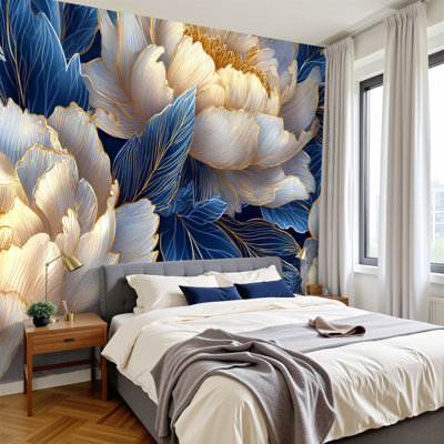 Floral Peel and Stick Wallpaper Elegant Peony Bouquet Vintage Gold Flowers Blue Botanicals Wall Murals 100"H x 144"W Removable PVC Wall Paper Self-Adhesive Wall Paintings Art Decor for Boys Bedroom Play Room Men Cave Beauty Salon