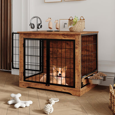 Mobilier de caisse pour chien 31,7 po, chenil d'intérieur pour chien robuste avec 2 portes, table de bout en bois pour cage avec bol d'alimentation rotatif à 360 °, conception anti-mâchoire pour petits chiens de taille moyenne