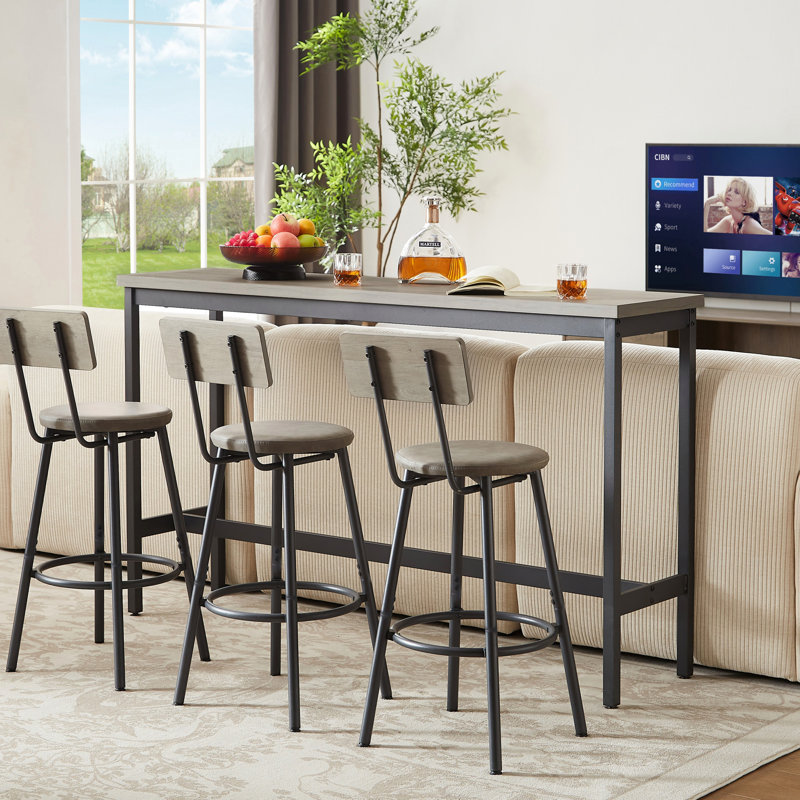3-Piece Long Bar Table & PU Upholstered Stool Set - Pub Height Dining Furniture for Home Bar & Kitchen, Gray