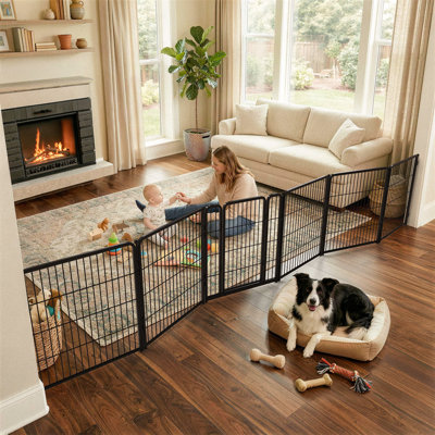 Barrière pour chien très large FXW conçue pour une utilisation à l'intérieur, largeur réglable jusqu'à 165 pouces de large (panneaux en H 32 po pour petits et moyens chiens), noir
