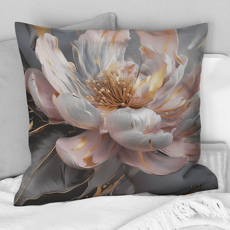 Marble Pink Gold Peony Flower III - Abstract Marble Printed Pillow, 18"H x 18"W