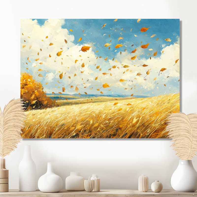 Blue Windy Prairie Leaves - feuilles, art mural, H 34 po x l 44 po, Toile tendue, Ne s’applique pas