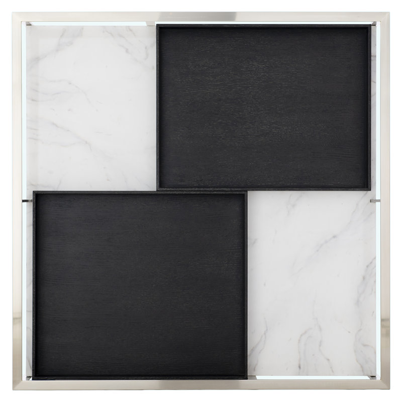 Square Black and Silver Marble Glass Coffee Table with Storage