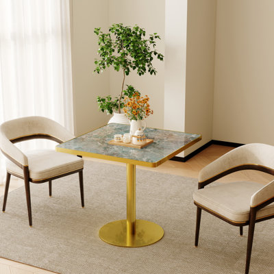 Table de salle à manger carrée de style bistro, plateau tulipe de 80 cm (31,5 pouces), revêtement effet marbre, finition lisse effet pierre de montagne enneigée, bordure en aluminium, pieds en acier inoxydable, design épuré, garniture en alliage, teinte dorée stable