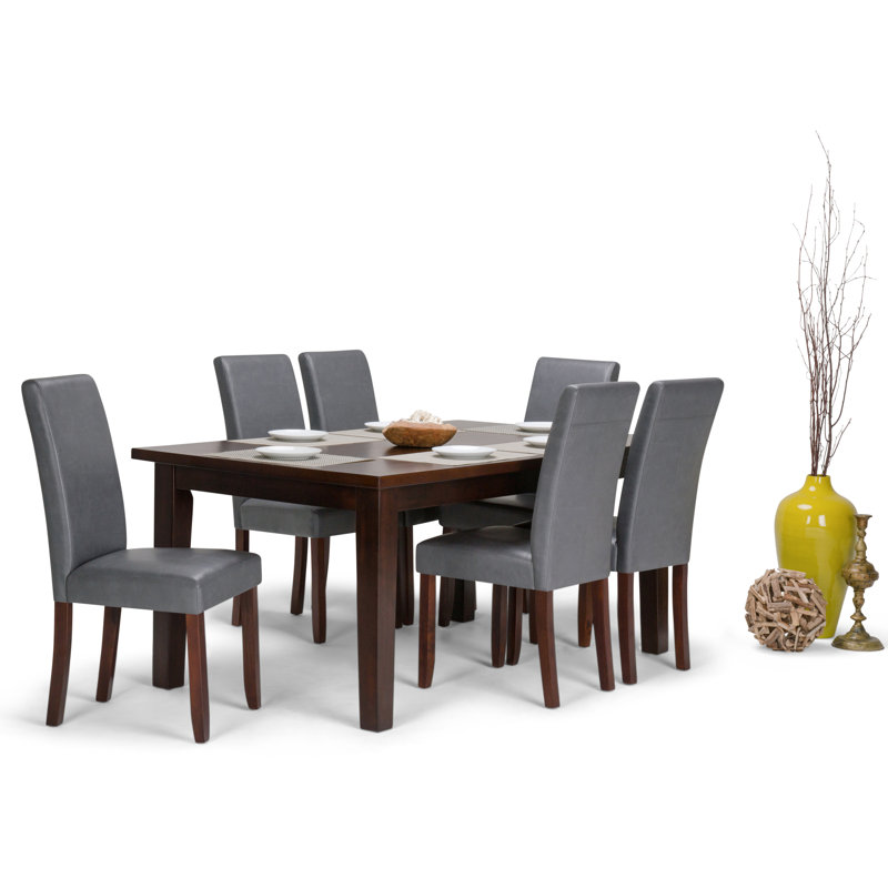 Acadian 7-Piece Dining Set with Solid Hardwood Table and 6 High-Back Upholstered Chairs, Stone Gray Faux Leather