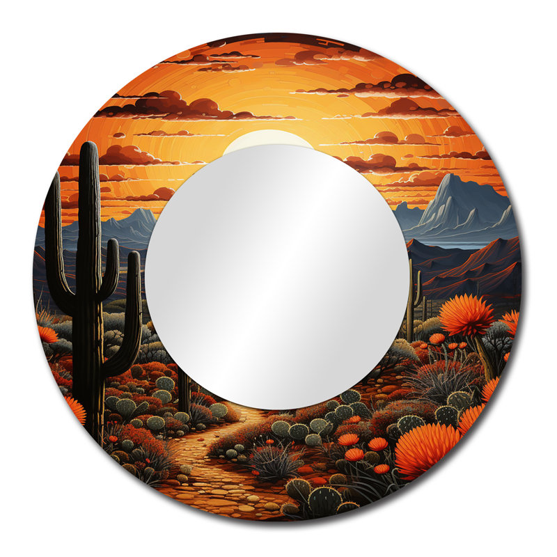 Yellow Green Cactus Desert Sunset Saguaro - Cactus Unique Wall Mirror Decor, Traditional Large Round Mirror, Printed Metal Art