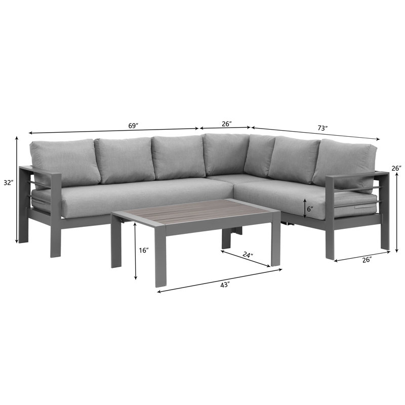 Ensemble de conversation modulaire 4 pièces avec coussins, Gris foncé / gris , H 16 po x L 43 po x l 24 po