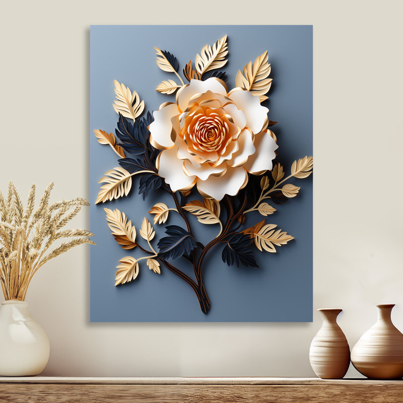 «White Rose Golden Leaves On Deep Blue I», art mural rose, Métal métal, H 20 po x l 12 po x P 1 po