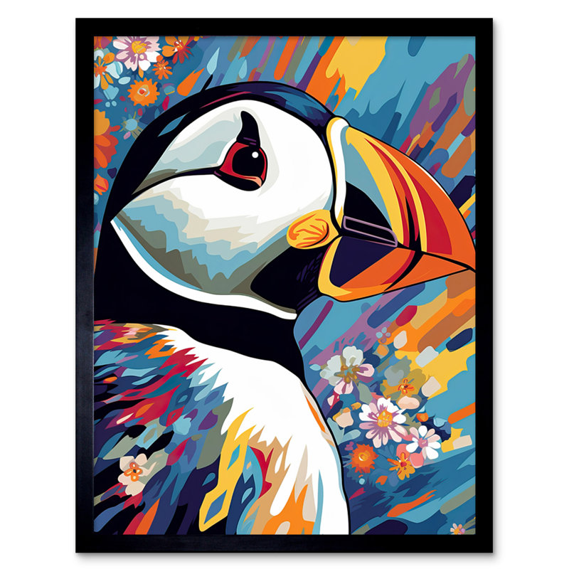 Adhamh Puffin And Flowers Vibrant Colour Psychedelic Sea Bird - Single Picture Frame Print