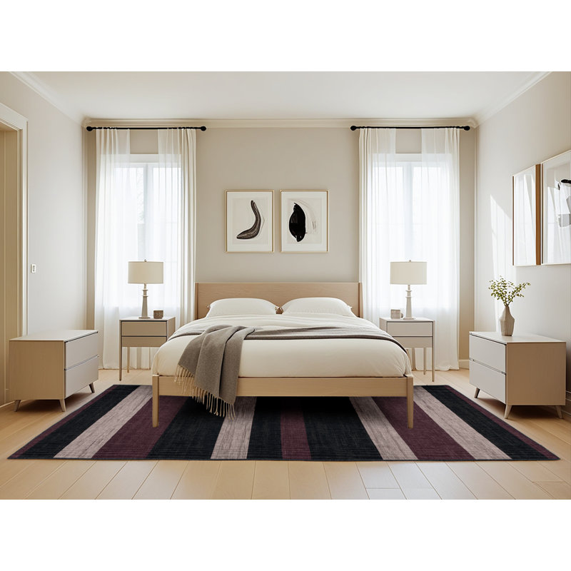 Tapis noir à rayures horizontales lavable à la machine, Rectangle de 5 pi x 8 pi