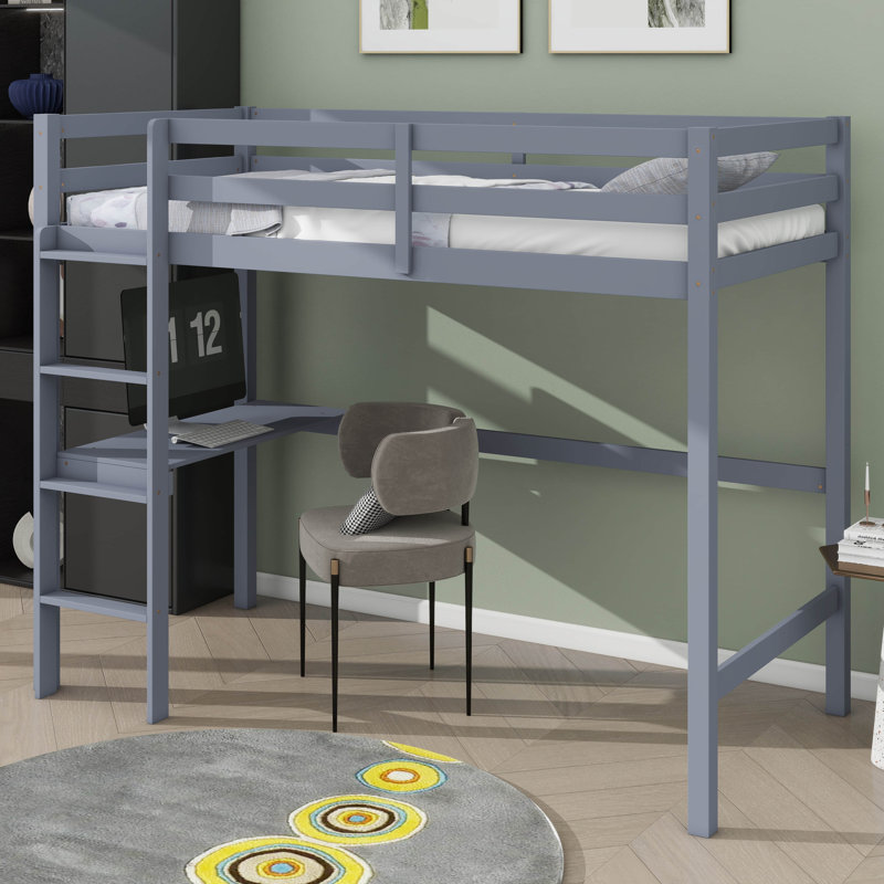 Lit mezzanine simple surélevé en bois d'hévéa avec barrière de sécurité intégrée et échelle, Gris