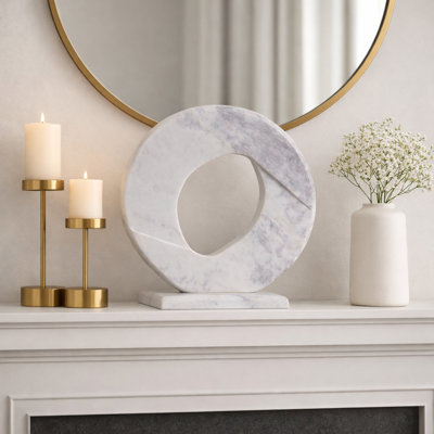 Elegant Carved Marble Ring Sculpture - Timeless Decorative Object Figurine For Home Decor - Accent Statue For Living Room Decorations - 17", White