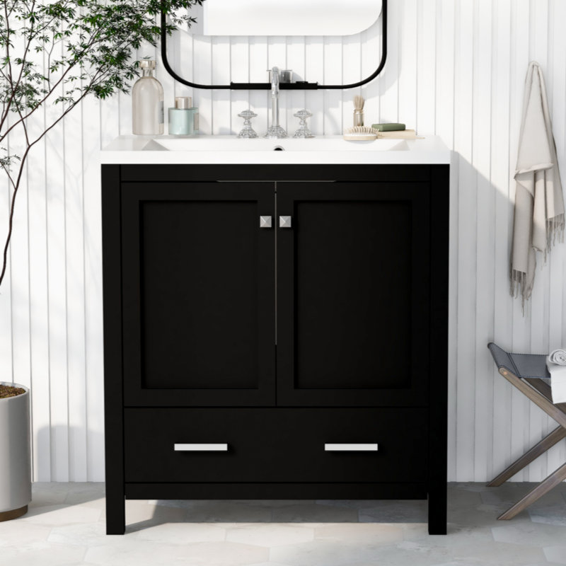 Delafe 30'' Single Bathroom Vanity with Solid Wood+MDF+Resin Top, Black