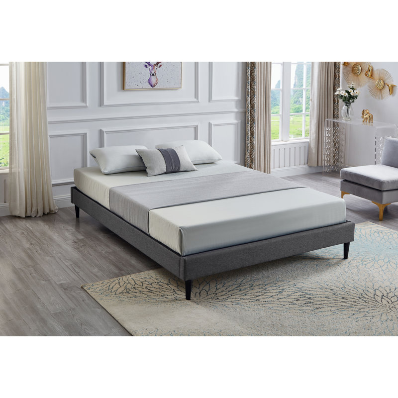 Lit plateforme tapissier à profil bas avec garniture en lin, sans sommier tapissier, cadre de lit moderne minimaliste, lit double