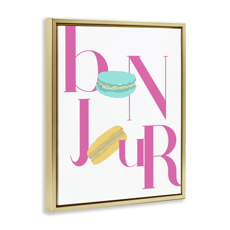Cadre flottant Bonjour Macarons, par ANNA QUACH, H 21 po x l 17 po, Cadre flottant métallique doré