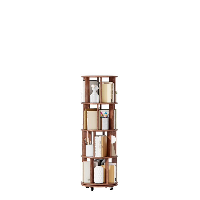 Bibliothèque rotative 100% bois massif sur roulettes, (4 tablettes) H 52,6 po x l 17,3 po x P 17,3 po