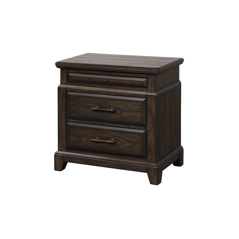 Preciado 2 Drawer Wood Nightstand with Pull-Out Tray – Elm Veneer Bedside Table, Coffee/Carmel/Whitewashed, Mahogany