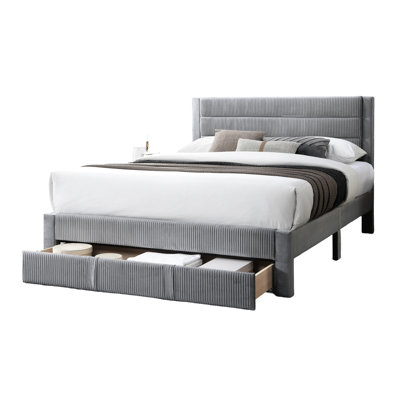 Full Size Bed With Modern Gray Corduroy And Under - Drawer For Bedroom Relaxation Frame Channel Headboard Storage