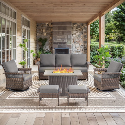 Ensemble de canapés d'extérieur en rotin de qualité supérieure avec 2 fauteuils coulissants pivotants, 2 repose-pieds avec repose-pieds et une table de foyer au gaz de 41 po - Mobilier confortable et résistant aux intempéries pour les patios, les te