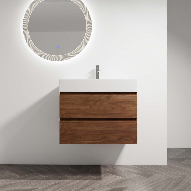 Meuble-lavabo mural avec lavabo en résine, 30", Brun