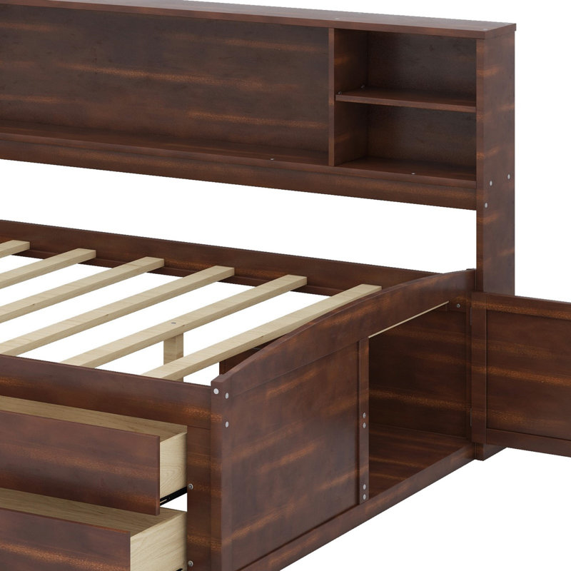 Lit capitaine en bois avec tablettes de rangement intégrées, 4 tiroirs et 2 armoires