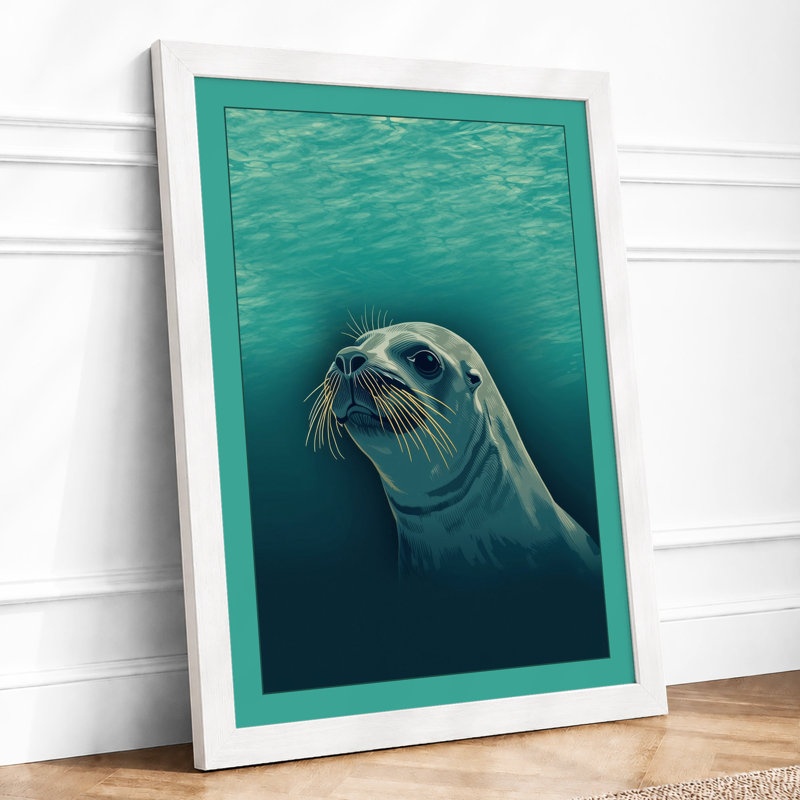 Seal in Turquoise Coastal - Framed Print, A2 - 59.4 x 42.0 cm, White