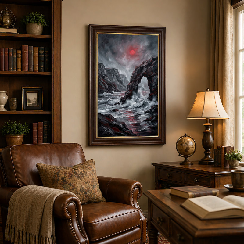 Toile rouge sur une arche rocheuse et des vagues océaniques, 18"H x 12"W