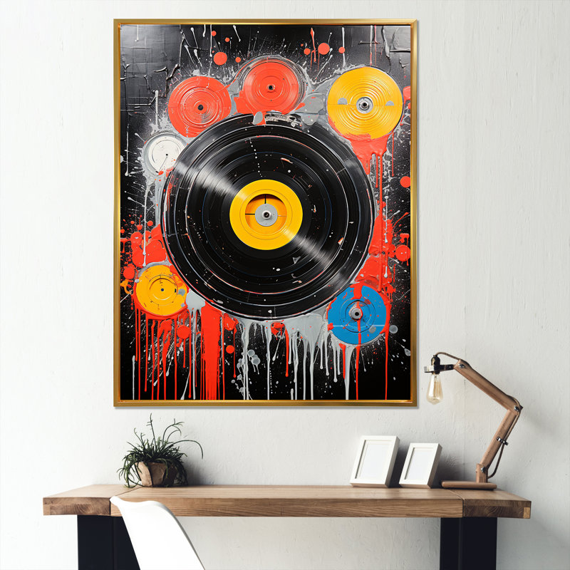 Art mural rétro noir et jaune, Cadre flottant doré, H 32 po x l 24 po x P 1 po