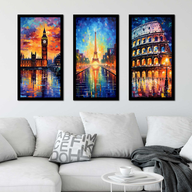 «Big Ben» à Londres, Tour Eiffel à Paris et Colisée à Rome au crépuscule par V2 Design Co. - Ensemble de 3 peintures à cadre unique