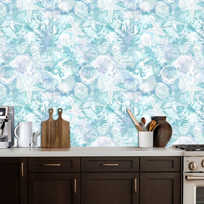 Papier peint auto-adhésif adhésif de style bord de mer, étoiles de mer corail, doux, tons de bleu, décoration murale pour armoires de cuisine de chambre à coucher, 24 po x 118 po