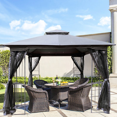 Large 10X10 Gazebo With Weather- Top And Detachable Mesh Protection - Gray Stable Frame Removable Insect Screen For Patio