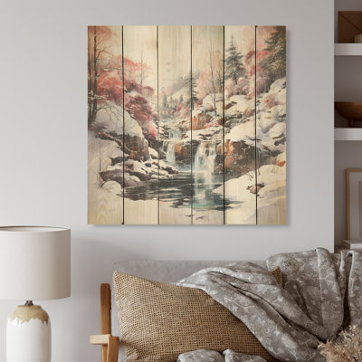 «Waterfall Charm In Winter - Waterfall», art mural sur bois de pin naturel