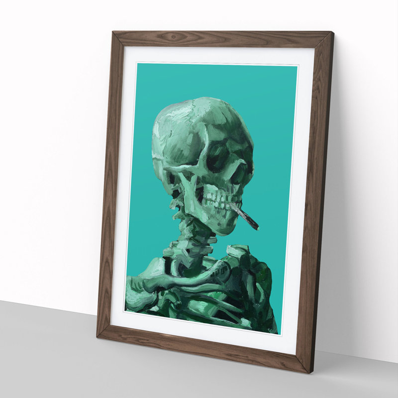 Blue Skull of a Skeleton with Cigarette by Vincent Van Gogh - Picture Frame Painting, 48cm H x 36cm W x 2cm D, Walnut