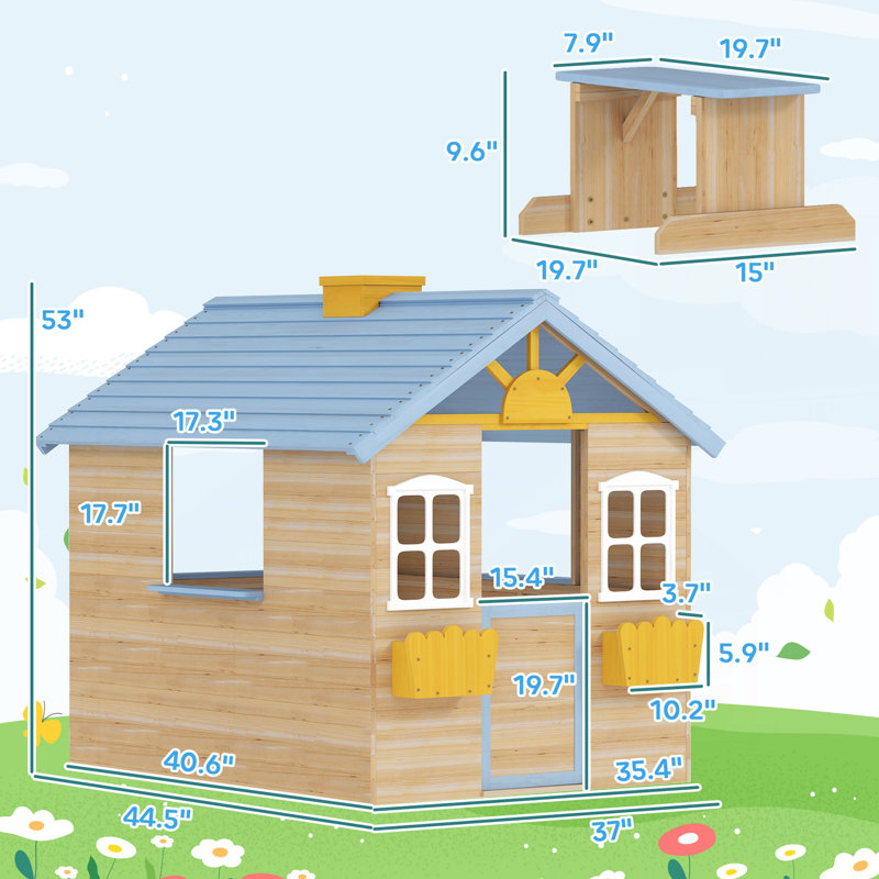 Maisonnette d'extérieur en bois pour enfants, Bleu / naturel / blanc / jaune