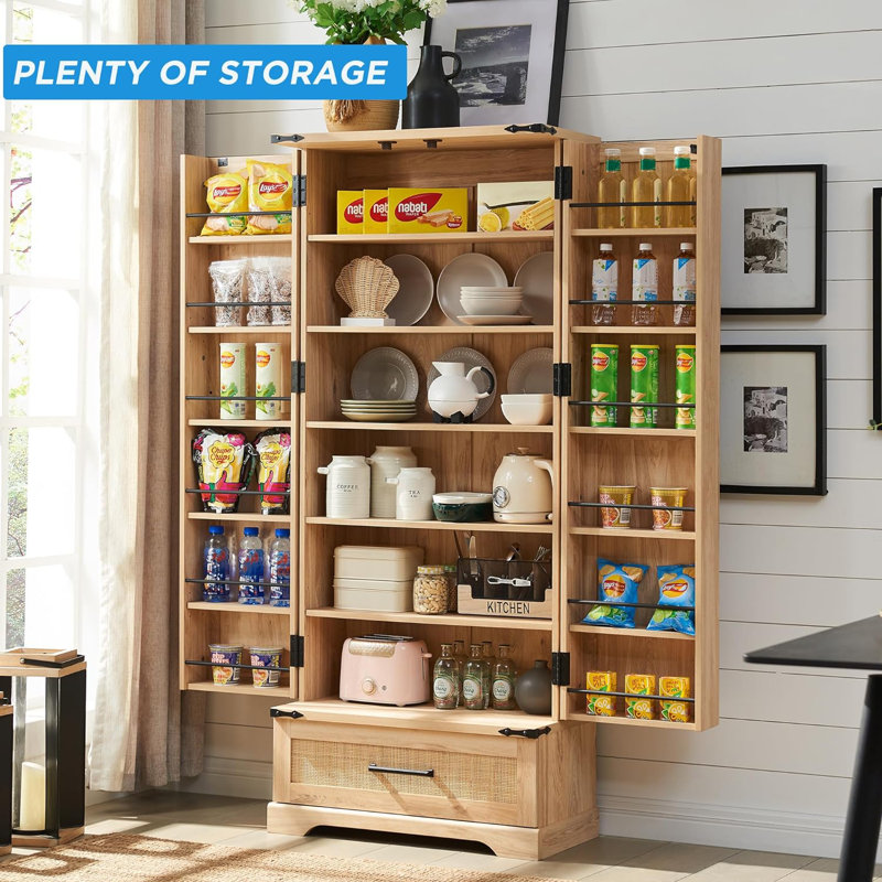 Aubriona 72" Rattan Kitchen Pantry, Versatile Large Cabinet with 2 Rattan Doors Drawer and Shelves