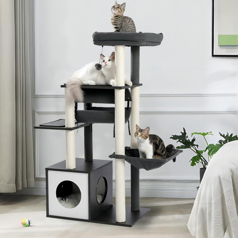 Tour à chat 51,5 po en bois pour chats d'intérieur avec maisonnette pour chat confortable, Noir