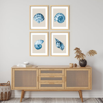 Framed Wall Art Print Gallery Set Decor, Blue Seashells Coastal Nautical Beach Illustrations Modern Art Chic Colorful for Living Room, Bedroom, Office