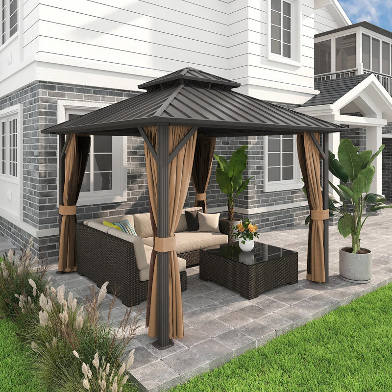 10ft x 10ft Aluminum Patio Gazebo, Outdoor Gazebo with Galvanized Steel Roof, Privacy Curtains & Mosquito Netting for Patio, Garden and Backyard