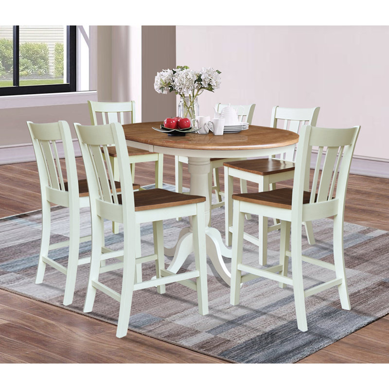Anduena Extendable Solid Wood Top Pedestal Dining Set, Hickory/Shell, 7