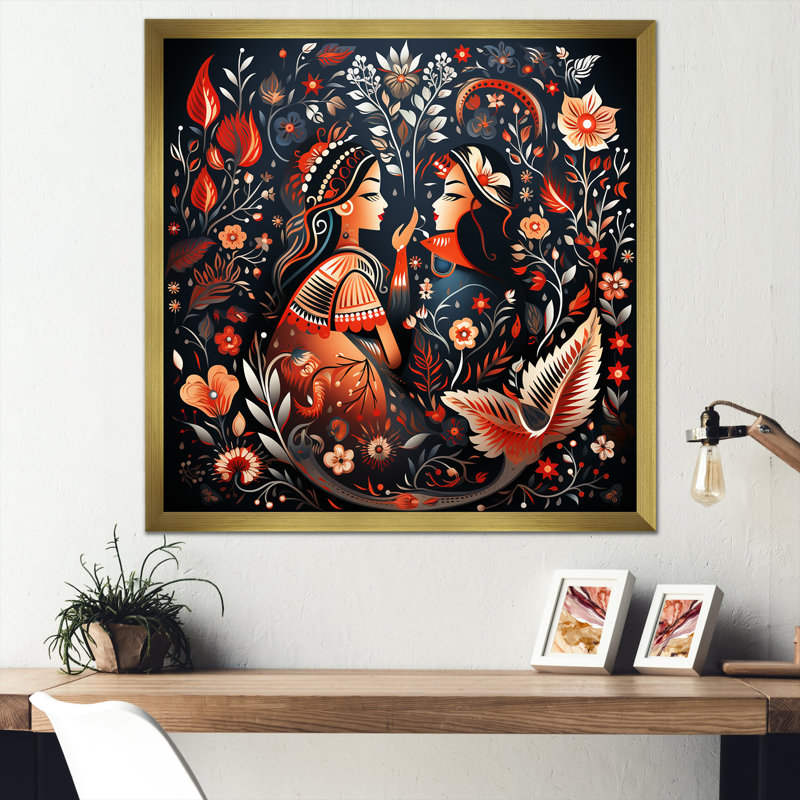 Art indien, Rajasthani Folklore Tales I - Art mural indien, Cadre doré simple, H 30 po x l 30 po x P 1,5 po