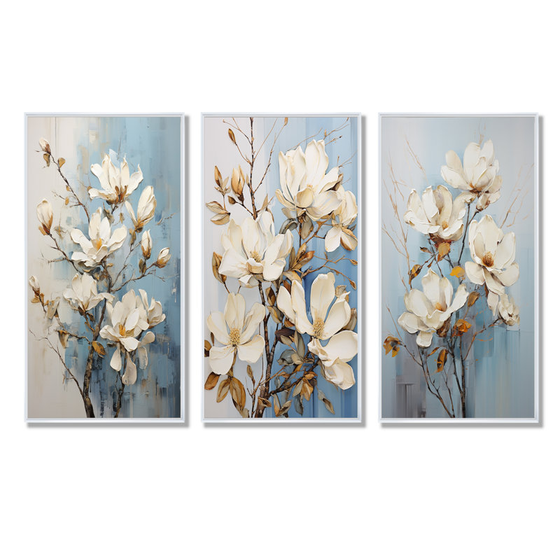 Magnifique ensemble de 3 impressions sur toile Magnolia - Magnolias, Cadre flottant blanc, H 28 po x l 36 po