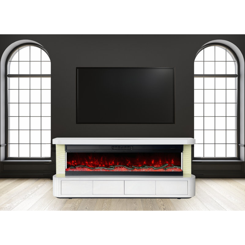 Meuble télé haute brillance / foyer électrique avec 4 tiroirs, lumières à DEL RVB, haut-parleur Bluetooth, télécommande - aucun assemblage requis